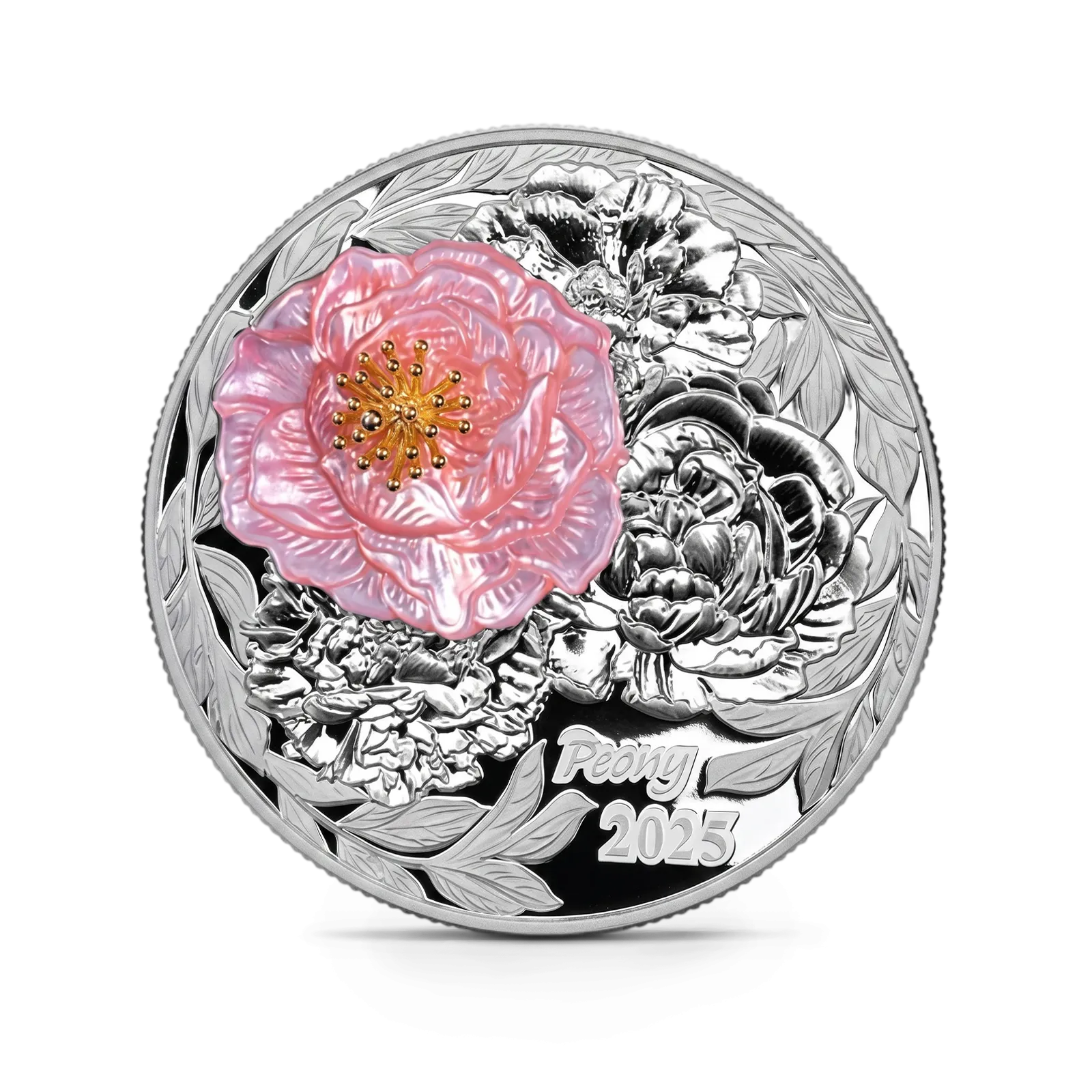 Монета "Пион", 2025 г., Серебро, 62,2 гр., проба 999, СОЛОМОНОВЫ ОСТРОВА