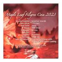 Монета «Филигранный Кленовый лист. 35 лет выпуска»,  2023 г., Серебро, 62,2 гр., проба 999, СОЛОМОНОВЫ ОСТРОВА