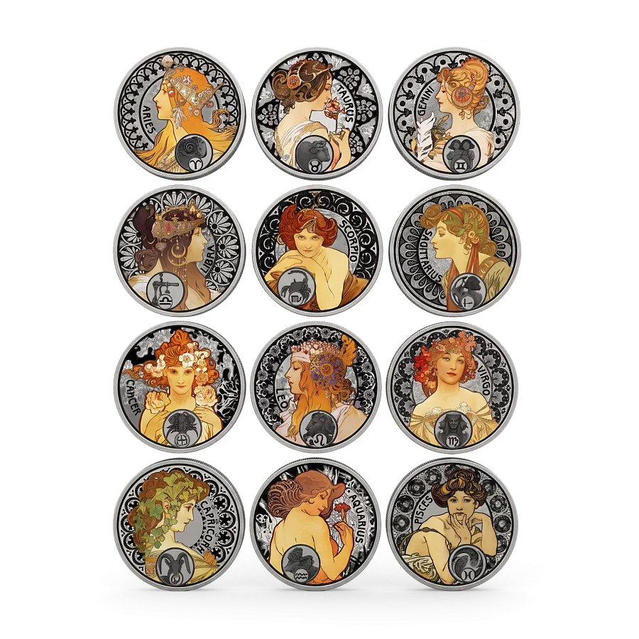 Монета "Набор. Зодиак Альфонса Мухи",  2011 г., Серебро, 313,92 гр., проба 925, НИУЭ