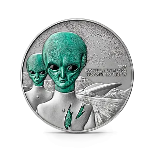 Монета "Инцидент с НЛО в Розуэлле", 2024 г., Серебро, 62,2 гр., проба 999, КАМЕРУН