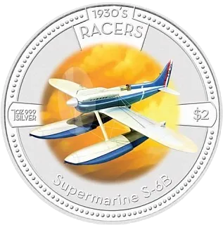 Монета "Воздушные гонки 1930-х - Самолет S-6B"  2006 г., 31,1 гр., проба 999.9, ОСТРОВА КУКА