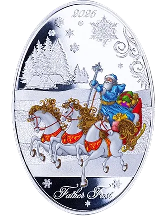 Монета "Дед Мороз и Снегурочка (матрешка)", 2026 г., Серебро, 31,1 гр., проба 999, СОЛОМОНОВЫ ОСТРОВА